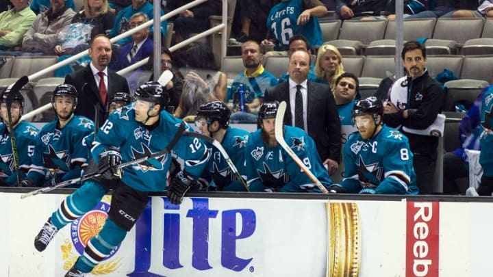Apr 18, 2016; San Jose, CA, USA; San Jose Sharks head coach Peter DeBoer watches the game against the Los Angeles Kings in the third period of game three in the first round of the 2016 Stanley Cup Playoffs at SAP Center at San Jose. Mandatory Credit: John Hefti-USA TODAY Sports