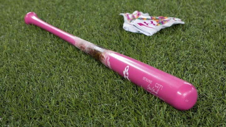 May 8, 2016; Toronto, Ontario, CAN; Los Angeles Dodgers pink bat and gloves rest of the field during batting practice in honor of Mothers Day prior to the game against the Toronto Blue Jays at Rogers Centre. Mandatory Credit: Kevin Sousa-USA TODAY Sports