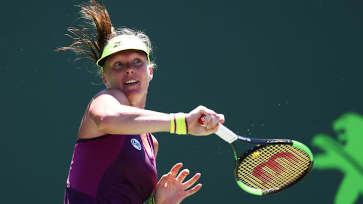KEY BISCAYNE, FL - MARCH 25: Kiki Bertens of the Netherlands plays a shot against Venus Williams during Day 7 of the Miami Open at the Crandon Park Tennis Center on March 25, 2018 in Key Biscayne, Florida. (Photo by Al Bello/Getty Images)