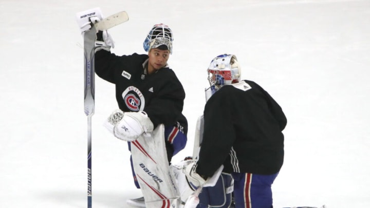 Jul 22, 2020; Montreal, Quebec, CANADA; Montreal Canadiens goaltenders Michael McNiven, Cayden Primeau. Mandatory Credit: Jean-Yves Ahern-USA TODAY Sports