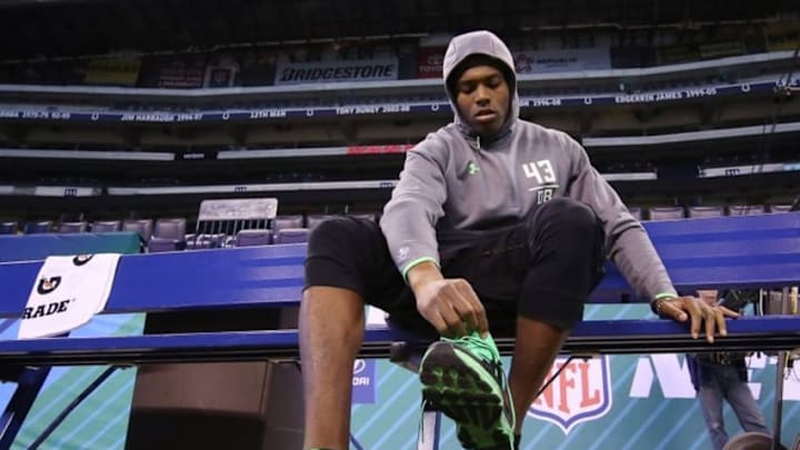 Feb 29, 2016; Indianapolis, IN, USA; Florida State Seminoles defensive back Jalen Ramsey changes his shoes during the 2016 NFL Scouting Combine at Lucas Oil Stadium. Mandatory Credit: Brian Spurlock-USA TODAY Sports
