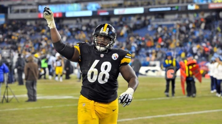 Nov 17, 2014; Nashville, TN, USA; Pittsburgh Steelers tackle Kelvin Beachum (68) waves to fans as he leaves the field after his team defeated the Tennessee Titans 27-24 during the second half at LP Field. Mandatory Credit: Jim Brown-USA TODAY Sports