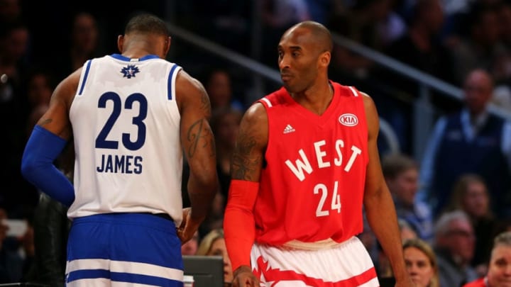 TORONTO, ON - FEBRUARY 14: LeBron James #23 of the Cleveland Cavaliers and the Eastern Conference and Kobe Bryant #24 of the Los Angeles Lakers and the Western Conference prepare for the start of the NBA All-Star Game 2016 at the Air Canada Centre on February 14, 2016 in Toronto, Ontario. NOTE TO USER: User expressly acknowledges and agrees that, by downloading and/or using this Photograph, user is consenting to the terms and conditions of the Getty Images License Agreement. (Photo by Elsa/Getty Images)
