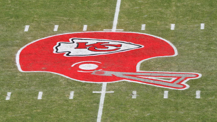 KANSAS CITY, MISSOURI – JANUARY 19: The Kansas City Chiefs helmet logo is seen on the field before the AFC Championship Game between the Kansas City Chiefs and the Tennessee Titans at Arrowhead Stadium on January 19, 2020 in Kansas City, Missouri. (Photo by Peter Aiken/Getty Images)