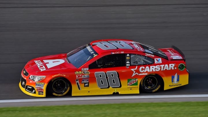 May 7, 2016; Kansas City, KS, USA; NASCAR Sprint Cup Series driver Dale Earnhardt Jr. (88) races during the GoBowling.com 400 at Kansas Speedway. Mandatory Credit: Jasen Vinlove-USA TODAY Sports