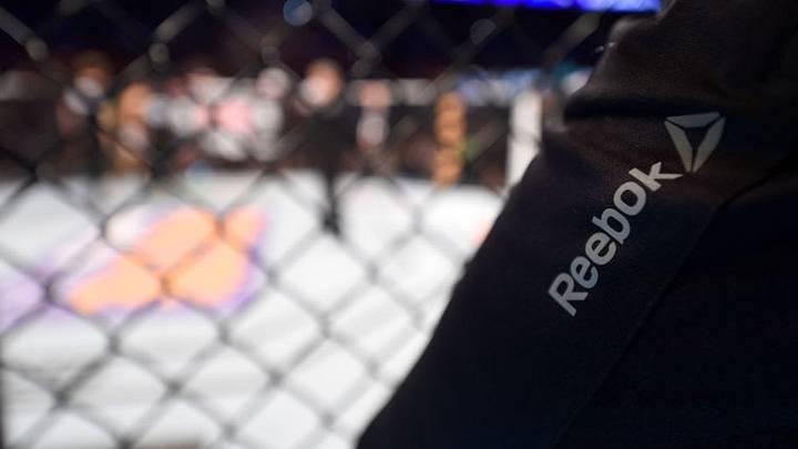 BOSTON, MA - JANUARY 18: A general view of a Reebok logo overlooking the Octagon during the UFC Fight Night event at the TD Garden on January 18, 2015 in Boston, Massachusetts. (Photo by Jeff Bottari/Zuffa LLC/Zuffa LLC via Getty Images)