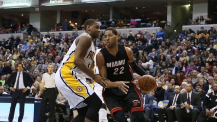 Dec 31, 2014; Indianapolis, IN, USA; Miami Heat forward Danny Granger (22) drives to the basket against Indiana Pacers forward Lavoy Allen (5) at Bankers Life Fieldhouse. Mandatory Credit: Brian Spurlock-USA TODAY Sports