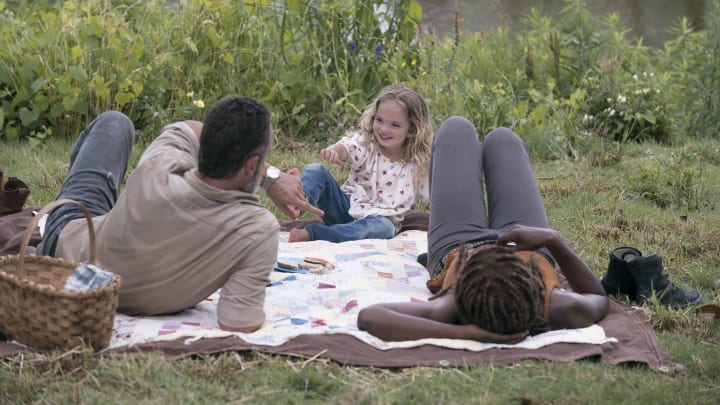 Andrew Lincoln as Rick Grimes, Chloe Garcia-Frizzi as Judith Grimes, Danai Gurira as Michonne – The Walking Dead _ Season 9, Episode 3 – Photo Credit: Gene Page/AMC