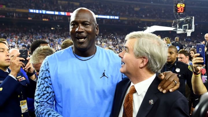 Apr 4, 2016; Houston, TX, USA; NBA former player Michael Jordan and NCAA president Mark Emmert during halftime of the game between the Villanova Wildcats and the North Carolina Tar Heels in the championship game of the 2016 NCAA Men