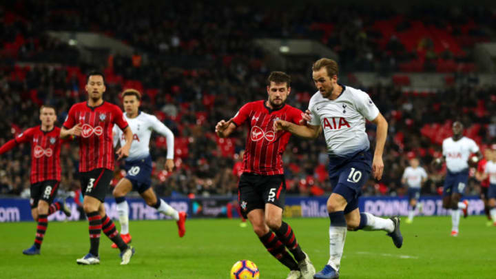 LONDON, ENGLAND - DECEMBER 05: Harry Kane of Tottenham Hotspur battles with Jack Stephens of Southampton during the Premier League match between Tottenham Hotspur and Southampton FC at Wembley Stadium on December 5, 2018 in London, United Kingdom. (Photo by Catherine Ivill/Getty Images)