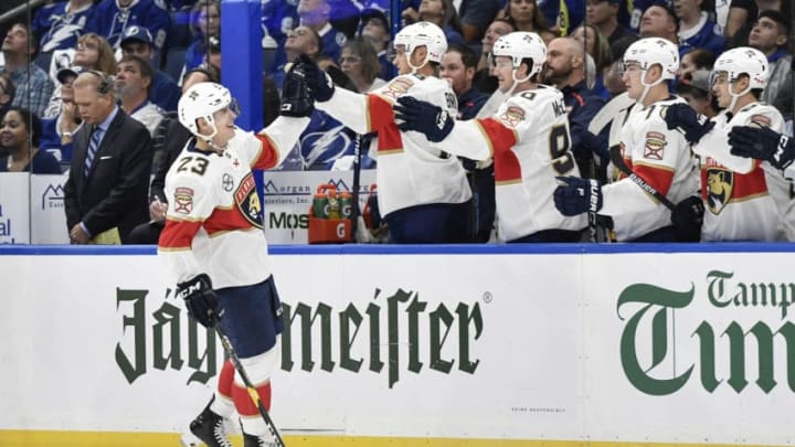 ST. PETERSBURG, FL - OCTOBER 06: Florida Panthers defender Jacob MacDonald (23) celebrates his first goal in the NHL with his teammates during the first period of the opening night game between the Florida Panthers and the Tampa Bay Lightning on October 06, 2018, at Amalie Arena in Tampa, FL. (Photo by Roy K. Miller/Icon Sportswire via Getty Images)