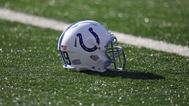 December 11, 2011; Baltimore, MD, USA; Indianapolis Colts helmet sits on the field prior to the game against the Baltimore Ravens at M