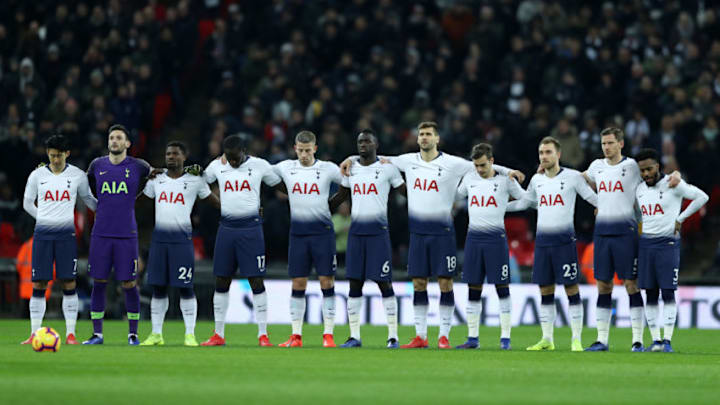 LONDON, ENGLAND - JANUARY 30: Tottenham Hotspur players take part in a minute of silence in tribute to Emiliano Sala prior to the Premier League match between Tottenham Hotspur and Watford FC at Wembley Stadium on January 30, 2019 in London, United Kingdom. (Photo by Bryn Lennon/Getty Images)
