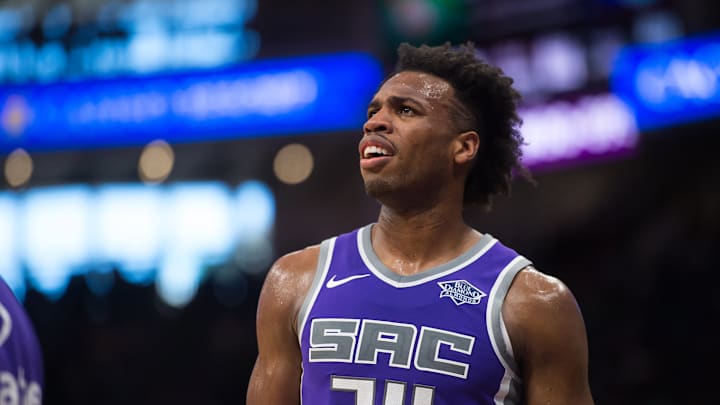 Sacramento Kings guard Buddy Hield (24) looks at the score as he walks to the bench in the fourth quarter against the Boston Celtics on Sunday, March 25, 2018 at Golden 1 Center in Sacramento, Calif. (Paul Kitagaki Jr./Sacramento Bee/TNS via Getty Images)