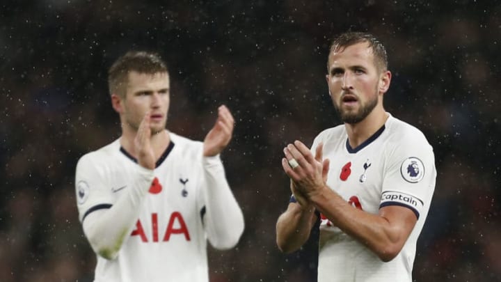 Tottenham Hotspur's English defender Eric Dier (L) and Tottenham Hotspur's English striker Harry Kane react at the final whistle during the English Premier League football match between Tottenham Hotspur and Sheffield United at Tottenham Hotspur Stadium in London, on November 9, 2019. (Photo by Ian KINGTON / AFP) / RESTRICTED TO EDITORIAL USE. No use with unauthorized audio, video, data, fixture lists, club/league logos or 'live' services. Online in-match use limited to 120 images. An additional 40 images may be used in extra time. No video emulation. Social media in-match use limited to 120 images. An additional 40 images may be used in extra time. No use in betting publications, games or single club/league/player publications. / (Photo by IAN KINGTON/AFP via Getty Images)