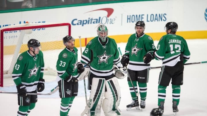Apr 14, 2016; Dallas, TX, USA; The Dallas Stars celebrate the win over the Minnesota Wild in game one of the first round of the 2016 Stanley Cup Playoffs at American Airlines Center. The Stars shut out the Wild 4-0. Mandatory Credit: Jerome Miron-USA TODAY Sports
