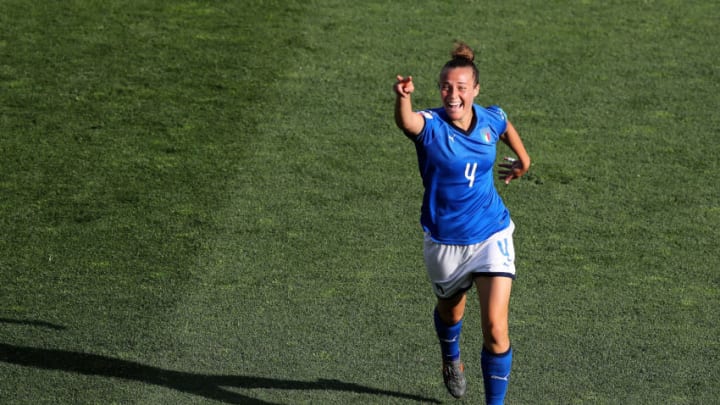 MONTPELLIER, FRANCE - JUNE 25: Aurora Galli of Italy celebrates after scoring her team's second goal during the 2019 FIFA Women's World Cup France Round Of 16 match between Italy and China at Stade de la Mosson on June 25, 2019 in Montpellier, France. (Photo by Elsa/Getty Images)