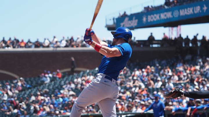 Jun 6, 2021; San Francisco, California, USA; Chicago Cubs third baseman Patrick Wisdom (16) hits a two-run home run against the San Francisco Giants during the fourth inning at Oracle Park. Mandatory Credit: Kelley L Cox-USA TODAY Sports