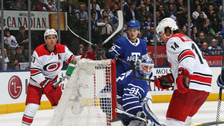 TORONTO,ON - DECEMBER 19: Frederik Andersen #31 of the Toronto Maple Leafs keeps an eye on a bouncing puck behind him during play against the Carolina Hurricanes in an NHL game at the Air Canada Centre on December 19, 2017 in Toronto, Ontario, Canada. The Maple Leafs defeated the Hurricanes 8-1. (Photo by Claus Andersen/Getty Images)