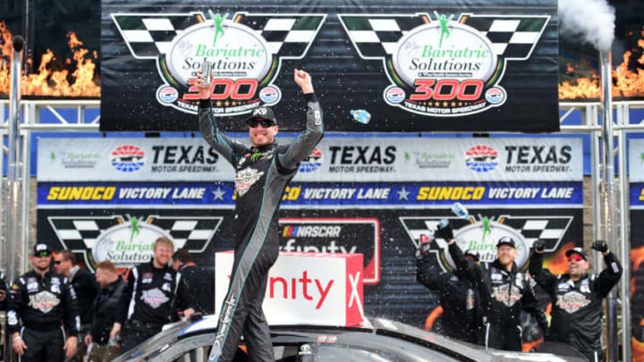 FORT WORTH, TX - MARCH 30: Kyle Busch, driver of the #18 iK9 Toyota, celebrates in victory lane after winning the NASCAR Xfinity Series My Bariatric Solutions 300 at Texas Motor Speedway on March 30, 2019 in Fort Worth, Texas. (Photo by Jared C. Tilton/Getty Images)