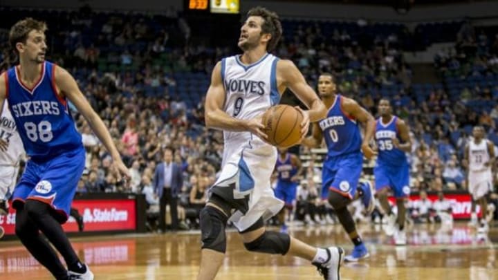 Oct 10, 2014; Minneapolis, MN, USA; Minnesota Timberwolves guard Ricky Rubio (9) drives to the basket against the Philadelphia 76ers in the third quarter at Target Center. The Timberwolves win 116-110. Mandatory Credit: Bruce Kluckhohn-USA TODAY Sports