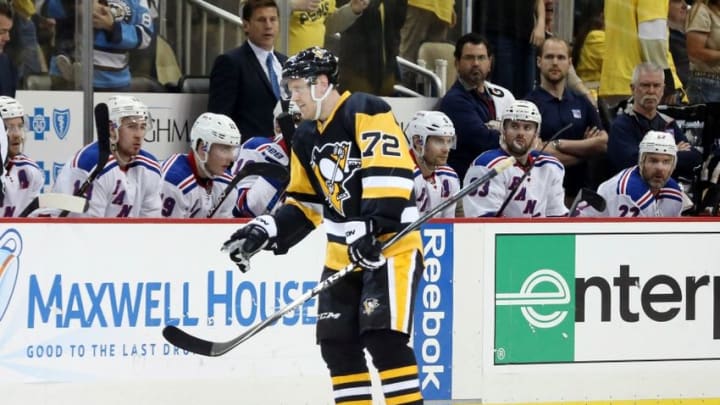 Apr 13, 2016; Pittsburgh, PA, USA; Pittsburgh Penguins right wing Patric Hornqvist (72) skates to the bench after scoring his third goal to complete a hat trick against the New York Rangers during the third period in game one of the first round of the 2016 Stanley Cup Playoffs at the CONSOL Energy Center. The Penguins won 5-2. Mandatory Credit: Charles LeClaire-USA TODAY Sports