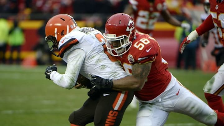 Dec 27, 2015; Kansas City, MO, USA; Cleveland Browns quarterback Johnny Manziel (2) is sacked by Kansas City Chiefs inside linebacker Derrick Johnson (56) in the second half at Arrowhead Stadium. Kansas City won the game 17-13. Mandatory Credit: John Rieger-USA TODAY Sports