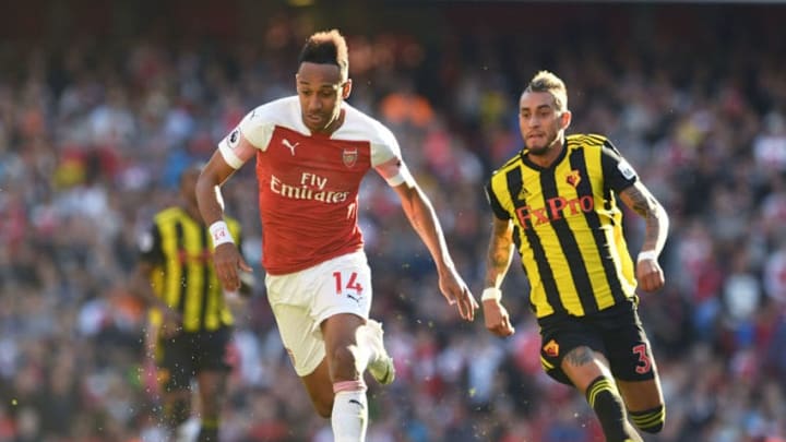 LONDON, ENGLAND - SEPTEMBER 29: Pierre Emerick-Aubameyang of Arsenal takes on Roberto Pereyra of Watford during the Premier League match between Arsenal FC and Watford FC at Emirates Stadium on September 29, 2018 in London, United Kingdom. (Photo by David Price/Arsenal FC via Getty Images)