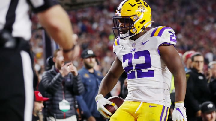 TUSCALOOSA, ALABAMA – NOVEMBER 09: Clyde Edwards-Helaire #22 of the LSU Tigers celebrates scoring a 7-yard touchdown during the fourth quarter against the Alabama Crimson Tide in the game at Bryant-Denny Stadium on November 09, 2019, in Tuscaloosa, Alabama. (Photo by Todd Kirkland/Getty Images)