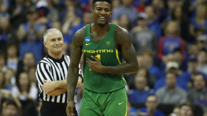Mar 25, 2017; Kansas City, MO, USA; Oregon Ducks forward Jordan Bell (1) reacts during the second half against the Kansas Jayhawks in the finals of the Midwest Regional of the 2017 NCAA Tournament at Sprint Center. Mandatory Credit: Jay Biggerstaff-USA TODAY Sports