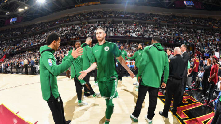 CLEVELAND, OH - OCTOBER 17: Gordon Hayward #20 of the Boston Celtics high fives his teammates before the game against the Cleveland Cavaliers on October 17, 2017 at Quicken Loans Arena in Cleveland, Ohio. NOTE TO USER: User expressly acknowledges and agrees that, by downloading and/or using this Photograph, user is consenting to the terms and conditions of the Getty Images License Agreement. Mandatory Copyright Notice: Copyright 2017 NBAE (Photo by Jesse D. Garrabrant/NBAE via Getty Images)