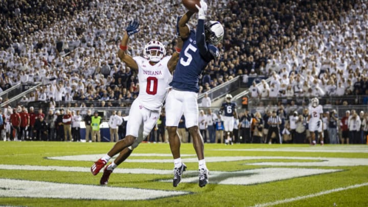 STATE COLLEGE, PA - OCTOBER 02: Jahan Dotson #5 of the Penn State Nittany Lions catches a pass for a touchdown in front of Raheem Layne II #0 of the Indiana Hoosiers during the first half at Beaver Stadium on October 2, 2021 in State College, Pennsylvania. (Photo by Scott Taetsch/Getty Images)
