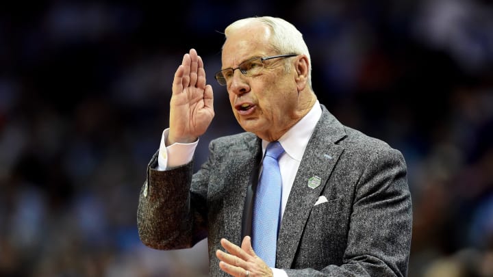 CHARLOTTE, NC – MARCH 18: Head coach Roy Williams of the North Carolina Tar Heels reacts against the Texas A