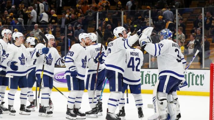 Frederik Andersen #31 of the Toronto Maple Leafs celebrates with teammates after the Maple Leafs defeat the Boston Bruins. (Photo by Maddie Meyer/Getty Images)