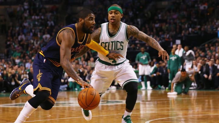 BOSTON, MA – APRIL 23: Kyrie Irving #2 of the Cleveland Cavaliers drives against Isaiah Thomas #4 of the Boston Celtics during the second quarter in the first round of the 2015 NBA Playoffs at TD Garden on April 23, 2015 in Boston, Massachusetts. NOTE TO USER: User expressly acknowledges and agrees that, by downloading and/or using this photograph, user is consenting to the terms and conditions of the Getty Images License Agreement. (Photo by Maddie Meyer/Getty Images)