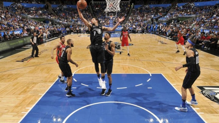 ORLANDO, FL - MARCH 20: Michael Carter-Williams #7 of the Orlando Magic rebounds the ball against the New Orleans Pelicans on March 20, 2019 at Amway Center in Orlando, Florida. NOTE TO USER: User expressly acknowledges and agrees that, by downloading and or using this photograph, User is consenting to the terms and conditions of the Getty Images License Agreement. Mandatory Copyright Notice: Copyright 2019 NBAE (Photo by Fernando Medina/NBAE via Getty Images)