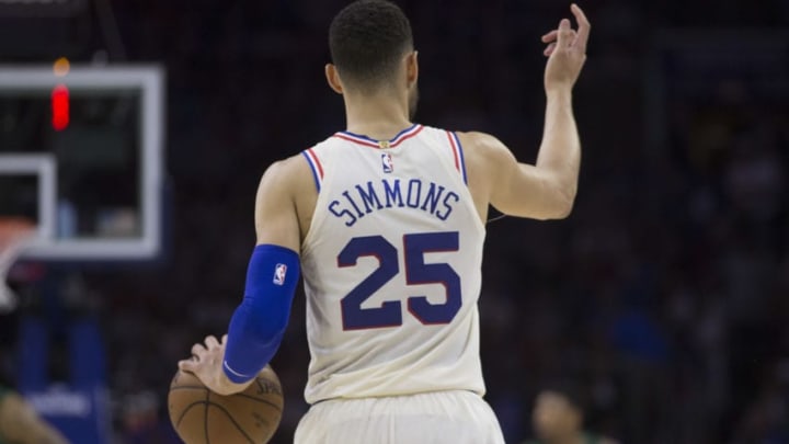 PHILADELPHIA, PA - MAY 5: Ben Simmons #25 of the Philadelphia 76ers dribbles the ball against the Boston Celtics during Game Three of the Eastern Conference Second Round of the 2018 NBA Playoff at Wells Fargo Center on May 5, 2018 in Philadelphia, Pennsylvania. NOTE TO USER: User expressly acknowledges and agrees that, by downloading and or using this photograph, User is consenting to the terms and conditions of the Getty Images License Agreement. (Photo by Mitchell Leff/Getty Images) *** Local Caption *** Ben Simmons