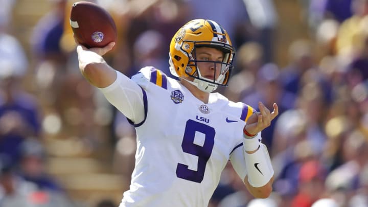 BATON ROUGE, LA - OCTOBER 13: Joe Burrow #9 of the LSU Tigers throws the ball during the first half against the Georgia Bulldogs at Tiger Stadium on October 13, 2018 in Baton Rouge, Louisiana. (Photo by Jonathan Bachman/Getty Images)