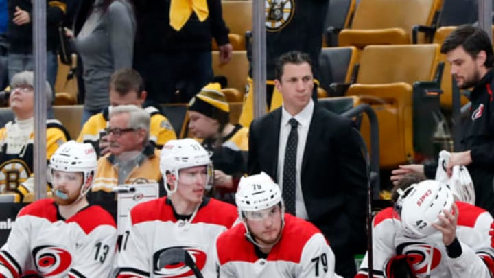 BOSTON, MA – MAY 12: Carolina Hurricanes head coach Rod Brind’Amour on the bench during Game 2 of the Stanley Cup Playoffs Eastern Conference Finals on May 12, 2019, at TD Garden in Boston, Massachusetts. (Photo by Fred Kfoury III/Icon Sportswire via Getty Images)