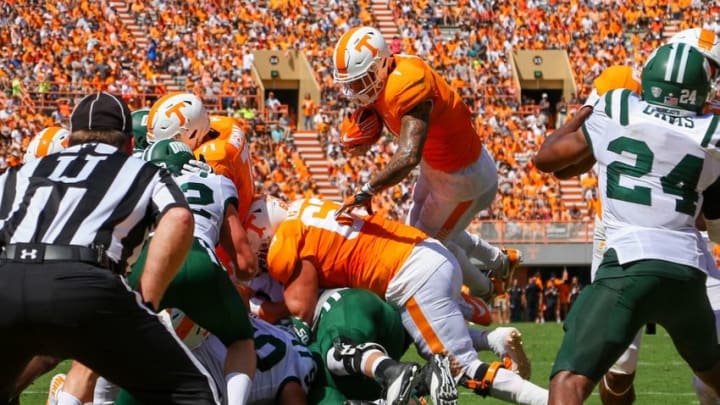 Sep 17, 2016; Knoxville, TN, USA; Tennessee Volunteers running back Jalen Hurd (1) jumps for a touchdown against the Ohio Bobcats during the first half at Neyland Stadium. Mandatory Credit: Randy Sartin-USA TODAY Sports