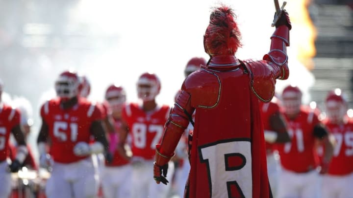 PISCATAWAY, NJ - OCTOBER 15: The Rutgers Scarlet Knight raises his sword as the team takes the field for a game against Illinois on October 15, 2016 in Piscataway, New Jersey. Illinois defeated Rutgers 24-7. (Photo by Rich Schultz/Getty Images)