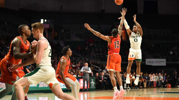 MIAMI, FL - JANUARY 30: Chris Lykes #0 of the Miami Hurricanes shoots the ball against the Virginia Tech Hokies during the second half at Watsco Center on January 30, 2019 in Miami, Florida. (Photo by Mark Brown/Getty Images)