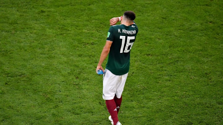 SAMARA, RUSSIA - JULY 02: Hector Herrera of Mexico looks dejected following his sides defeat in the 2018 FIFA World Cup Russia Round of 16 match between Brazil and Mexico at Samara Arena on July 2, 2018 in Samara, Russia. (Photo by Hector Vivas/Getty Images)