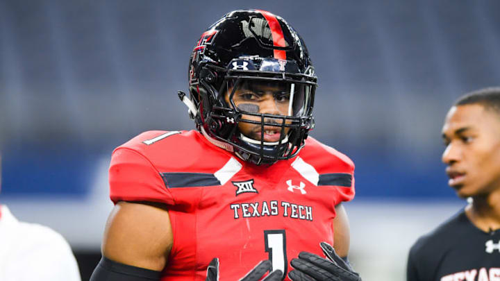 LUBBOCK, TX - NOVEMBER 24: Linebacker Jordyn Brooks #1 of the Texas Tech Red Raiders on the field before the game against the Baylor Bears on November 24, 2018 at AT&T Stadium in Arlington, Texas. Baylor defeated Texas Tech 35-24. (Photo by John Weast/Getty Images)