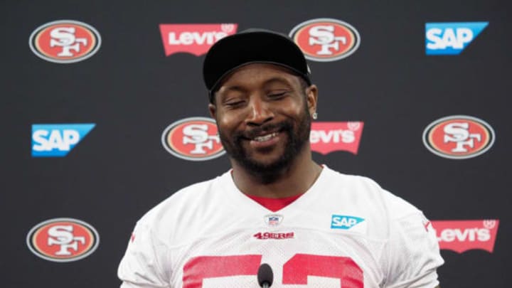 Jun 13, 2017; Santa Clara, CA, USA; San Francisco 49ers linebacker NaVorro Bowman (53) smiles at reporters in a press conference during the San Francisco 49ers minicamp at Levi’s Stadium. Mandatory Credit: Stan Szeto-USA TODAY Sports