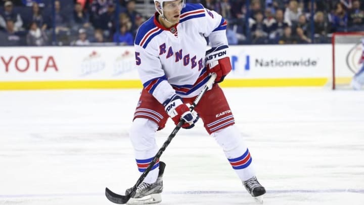 Apr 4, 2016; Columbus, OH, USA; New York Rangers defenseman Dan Girardi (5) against the Columbus Blue Jackets at Nationwide Arena. The Rangers won 4-2. Mandatory Credit: Aaron Doster-USA TODAY Sports