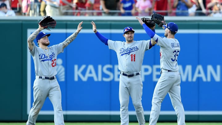 WASHINGTON, DC - JULY 27: Alex Verdugo #27, A.J. Pollock #11 and Cody Bellinger #35 of the Los Angeles Dodgers celebrate after a 9-3 victory against the Washington Nationals at Nationals Park on July 27, 2019 in Washington, DC. (Photo by Greg Fiume/Getty Images)