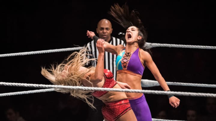 DUESSELDORF, GERMANY - FEBRUARY 22: Charlotte Flair (L) and Bayley fight during to the WWE Live Duesseldorf event at ISS Dome on February 22, 2017 in Duesseldorf, Germany. (Photo by Lukas Schulze/Bongarts/Getty Images)