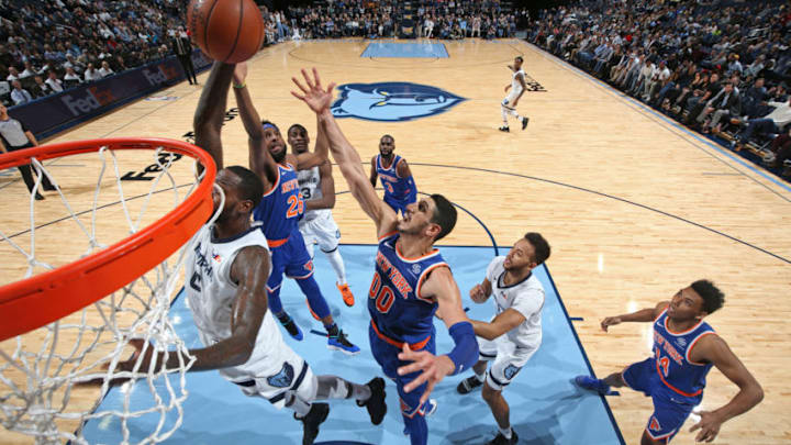 MEMPHIS, TN - NOVEMBER 25: Mitchell Robinson #26 and Enes Kanter #00 of the New York Knicks go for a rebound during the game against the Memphis Grizzlies on November 25, 2018 at FedExForum in Memphis, Tennessee. NOTE TO USER: User expressly acknowledges and agrees that, by downloading and/or using this photograph, user is consenting to the terms and conditions of the Getty Images License Agreement. Mandatory Copyright Notice: Copyright 2018 NBAE (Photo by Joe Murphy/NBAE via Getty Images)