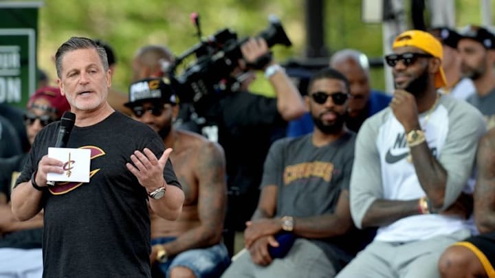 Jun 22, 2016; Cleveland, OH, USA; Cleveland Cavaliers owner Dan Gilbert speaks to the crowd during the Cleveland Cavaliers NBA championship celebration in downtown Cleveland. Mandatory Credit: Ken Blaze-USA TODAY Sports